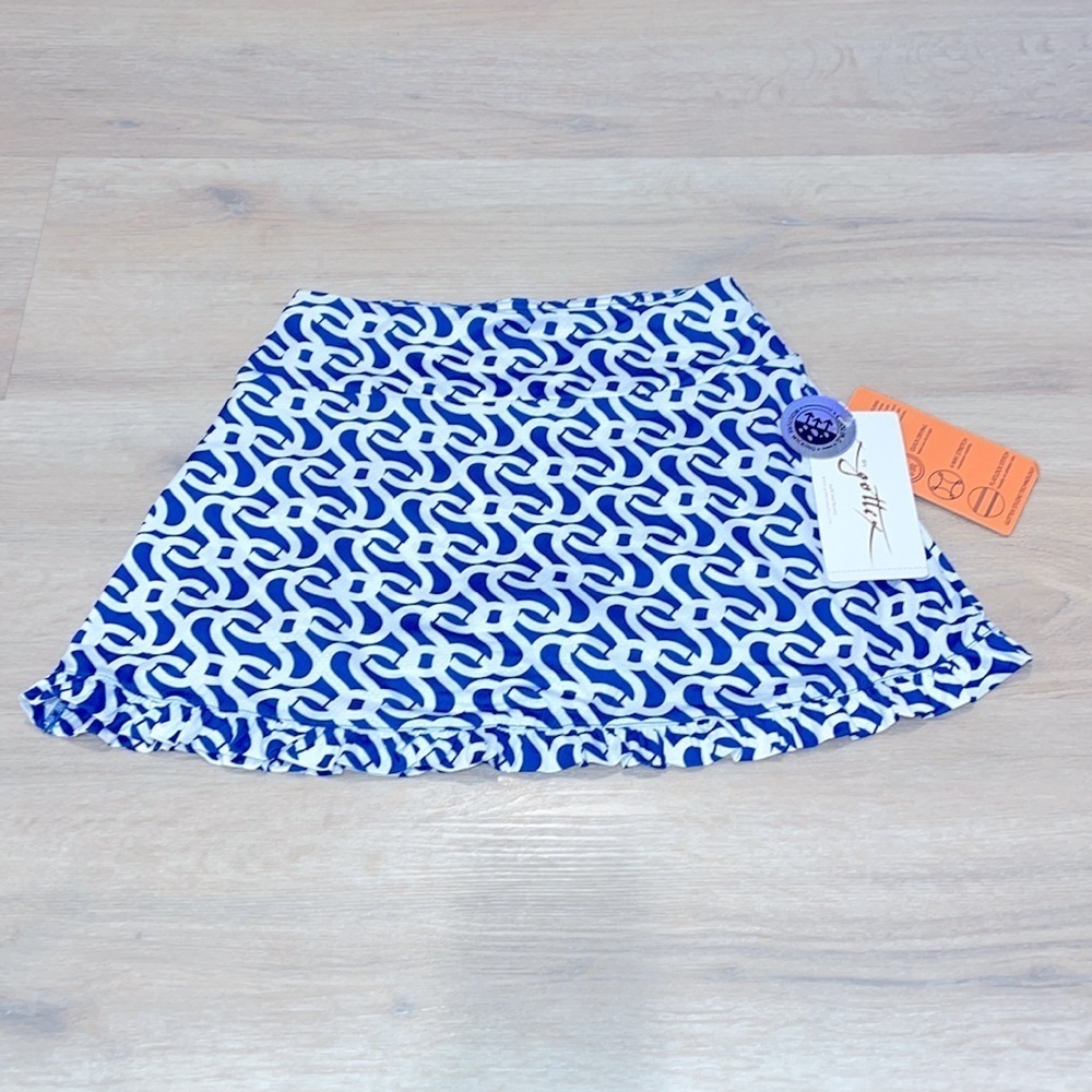 NWT Gottex X Ruffle Skort Geo print royal blue golf tennis pickle ball quick dry - Picture 2 of 10